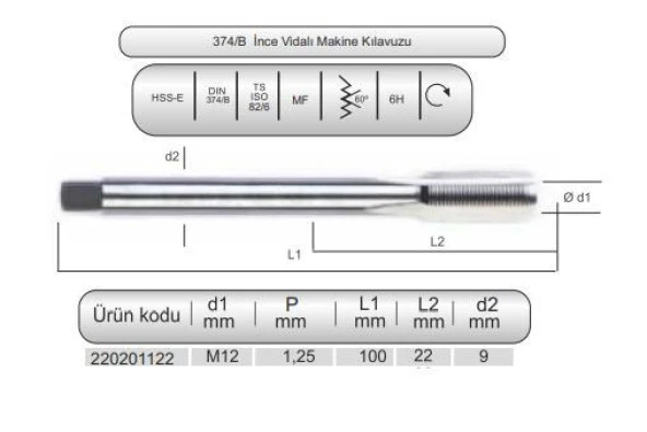 HSSE DIN374/B MAK.KLVZ. M12x1,25(6H) ürün görseli 1