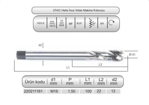 HSSE DIN374/C HELİS MAK.KLVZ. M16x1,5 (6H) ürün görseli 1
