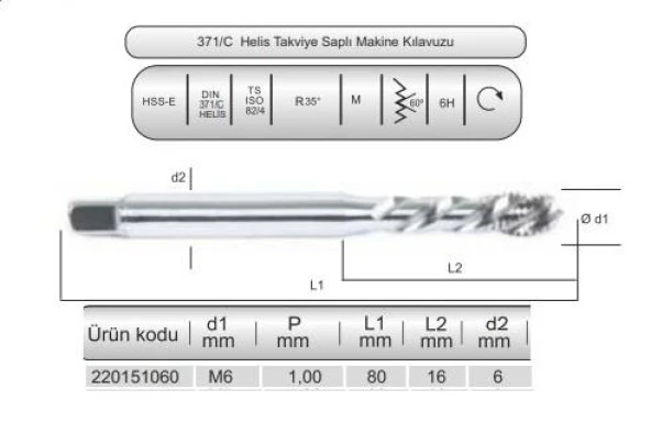 HSSE DIN371/C 35° HELİS M6x1,0 (6H) 8Co ürün görseli 1