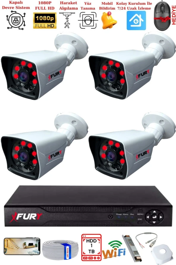 FURY 4 Kameralı 2MP Full HD Görüntü 6 Atom Led Gece Görüşlü Dış Mekan Güvenlik Kamerası Seti 1TB ürün görseli 1
