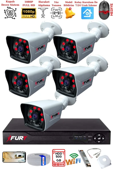 FURY 5 Kameralı 2MP Full HD Görüntü 6 Atom Led Gece Görüşlü Dış Mekan Güvenlik Kamerası Seti 500GB ürün görseli 1