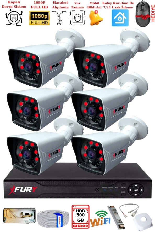 FURY 6 Kameralı 2MP Full HD Görüntü 6 Atom Led Gece Görüşlü Dış Mekan Güvenlik Kamerası Seti 500GB ürün görseli 1