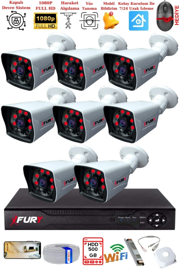 FURY 8 Kameralı 2MP Full HD Görüntü 6 Atom Led Gece Görüşlü Dış Mekan Güvenlik Kamerası Seti 500GB ürün görseli 1