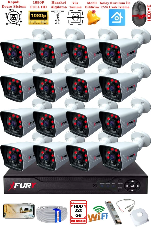 FURY 16 Kameralı 2MP Full HD Görüntü 6 Atom Led Gece Görüşlü Dış Mekan Güvenlik Kamerası Seti 320GB ürün görseli 1