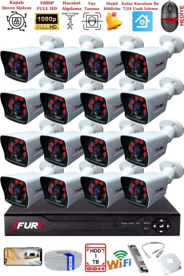 FURY 16 Kameralı 2MP Full HD Görüntü 6 Atom Led Gece Görüşlü Dış Mekan Güvenlik Kamerası Seti 1TB ürün görseli 1