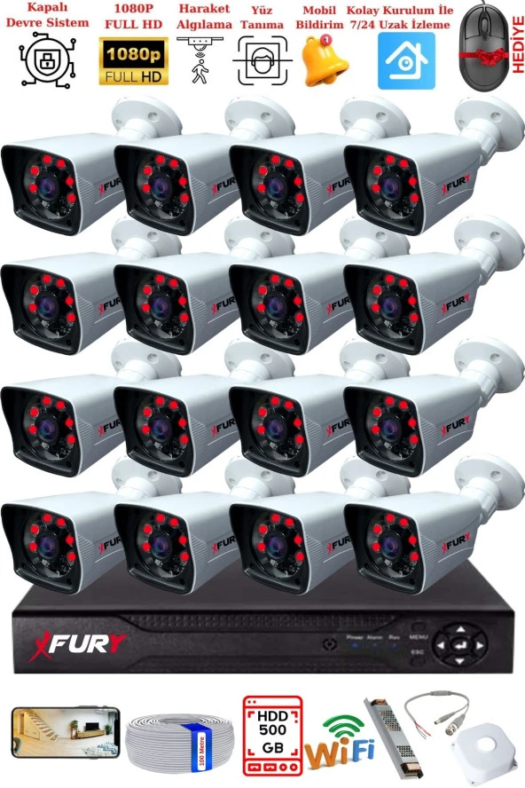 FURY 16 Kameralı 2MP Full HD Görüntü 6 Atom Led Gece Görüşlü Dış Mekan Güvenlik Kamerası Seti 500GB ürün görseli 1