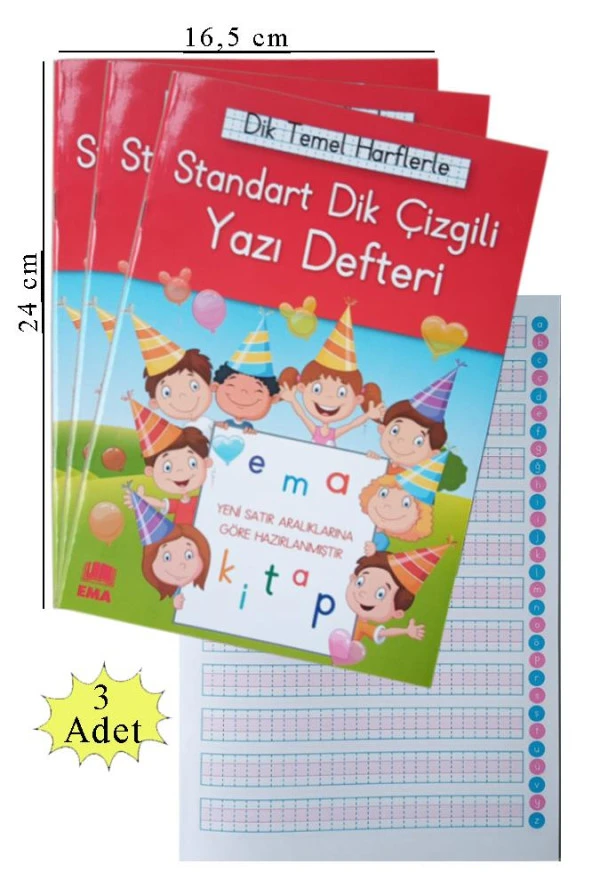 Güzel Yazı Defteri Orta Boy Dik Çizgili 16,5x24 cm 24 Yaprak 3 Adet Standart Dik Çizgili Yazı Defteri Dik Temel Harflerle 1. Sınıf ürün görseli 1