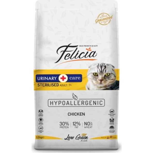 Felicia Hypo-Allergenic Üriner Sağlığı İçin Düşük Tahıllı Tavuklu Kısırlaştırılmış Kedi Maması 12kg ürün görseli 1