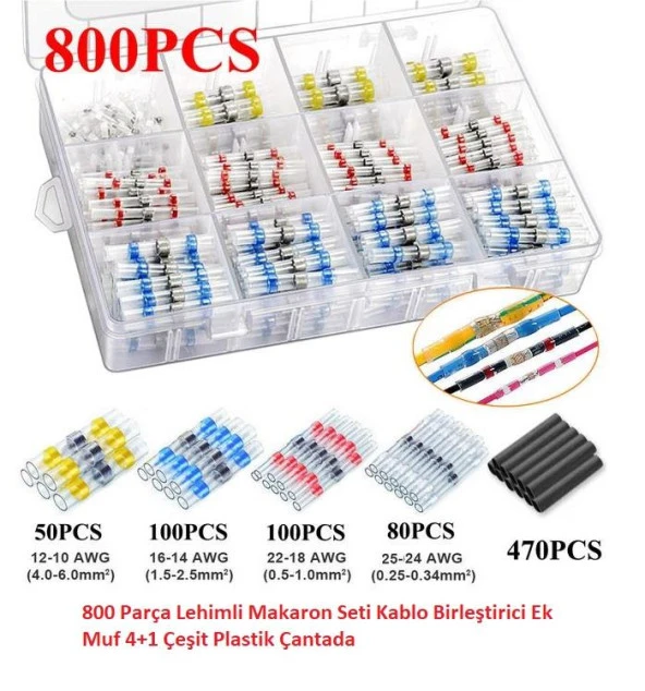 800 Parça Lehimli Makaron Seti Kablo Birleştirici Ek Muf 4+1 Çeşit Plastik Çantada ürün görseli 1