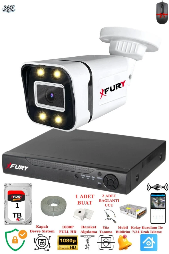 FURY 1 Kameralı Full Hd Gece Renkli - Su Geçirmez Ultra Led Güvenlik Kamerası Seti 1TB ürün görseli 1