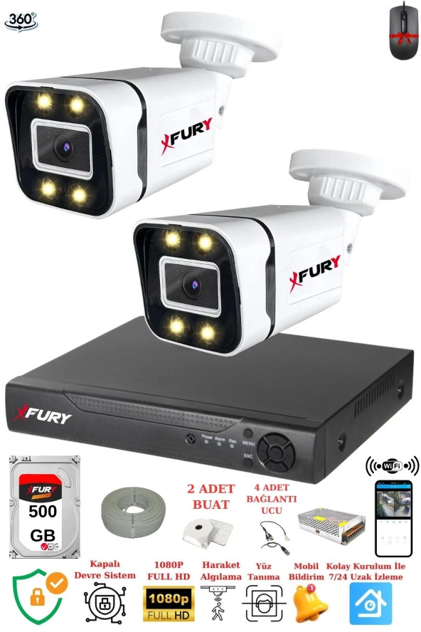 FURY 2 Kameralı Full Hd Gece Renkli - Su Geçirmez Ultra Led Güvenlik Kamerası Seti 500GB ürün görseli 1