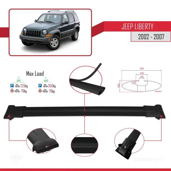 Jeep Liberty 2002-2007 Arası ile Uyumlu FLY Model Ara Atkı Tavan Barı SİYAH 3 ADET BAR ürün görseli 1