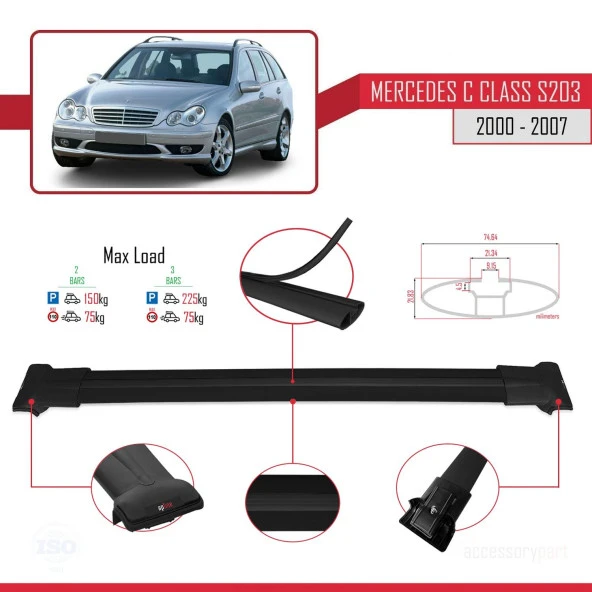 Mercedes C Class (S203) 2000-2007 Arası ile uyumlu FLY Model Ara Atkı Tavan Barı SİYAH ürün görseli 1