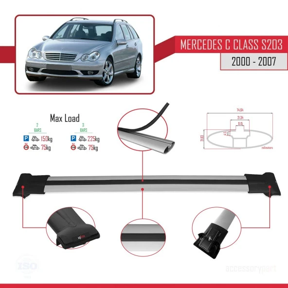 Mercedes C Class (S203) 2000-2007 Arası ile uyumlu FLY Model Ara Atkı Tavan Barı GRİ ürün görseli 1