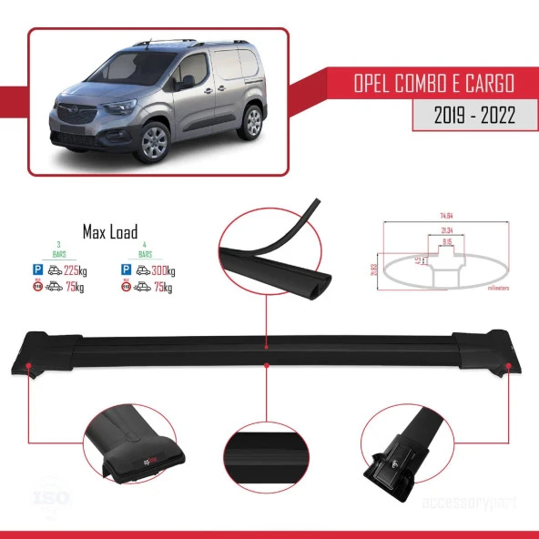 Opel Combo (E) PANELVAN 2019-2022 Arası ile uyumlu FLY Model Ara Atkı Tavan Barı SİYAH 3 ADET BAR ürün görseli 1