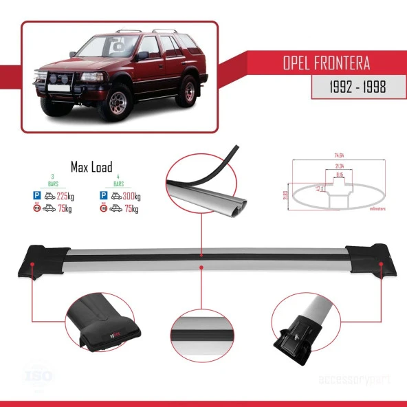 Opel Frontera 1992-1998 Arası ile Uyumlu FLY Model Ara Atkı Tavan Barı GRİ 3 ADET BAR ürün görseli 1
