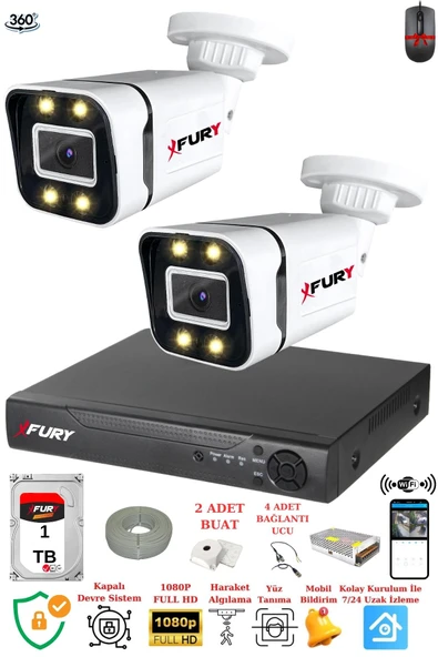 FURY 2 Kameralı Full Hd Gece Renkli - Su Geçirmez Ultra Led Güvenlik Kamerası Seti 1 TB ürün görseli 1