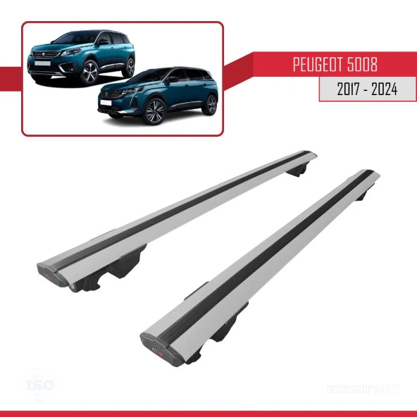 Peugeot 5008 2017 ve Sonrası ile uyumlu HOOK Model Anahtar Kilitli Ara Atkı Tavan Barı GRİ ürün görseli 1