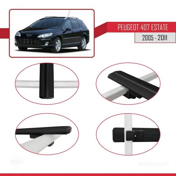 Peugeot 407 ESTATE 2005-2011 Arası ile uyumlu Basic Model Ara Atkı Tavan Barı SİYAH 3 ADET ürün görseli 1