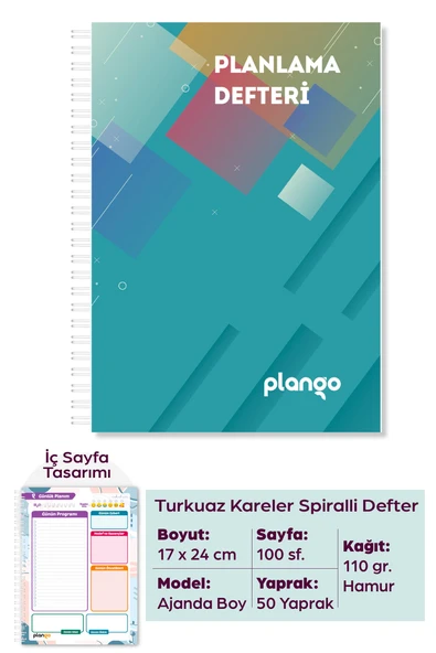 Turkuaz Kareler Günlük Planlayıcı Defter - Ders Çalışma Planlayıcı Defteri - Planlama Defteri ürün görseli 1