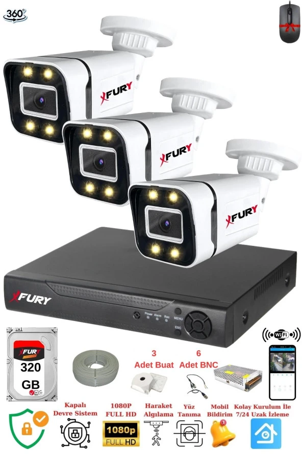 FURY 3 Kameralı Full Hd Gece Renkli - Su Geçirmez Ultra Led Güvenlik Kamerası Seti 320GB ürün görseli 1