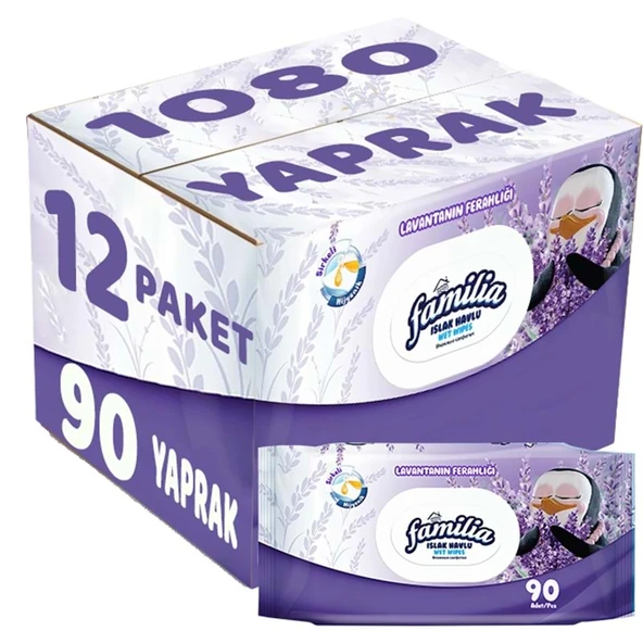 Familia Islak Havlu Mendil Lavantanın Ferahlığı 90 Yaprak Plastik Kapaklı 12 Li Set 1080 Yaprak ürün görseli 1