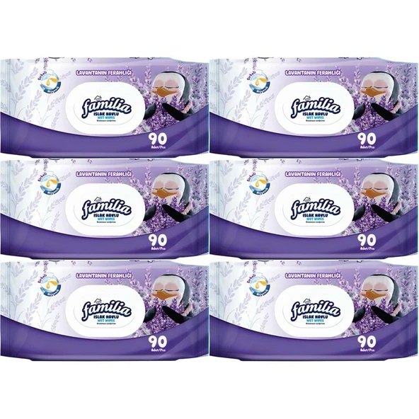 Familia Islak Havlu Mendil Lavantanın Ferahlığı 90 Yaprak Plastik Kapaklı 6 Lı Set 540 Yaprak ürün görseli 1