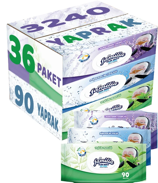 Familia Islak Havlu Mendil 90 Yaprak Karma 36 Lı Set (Lavanta-Mineral-Yeşilin Tazeliği) 3240 Yaprak ürün görseli 1