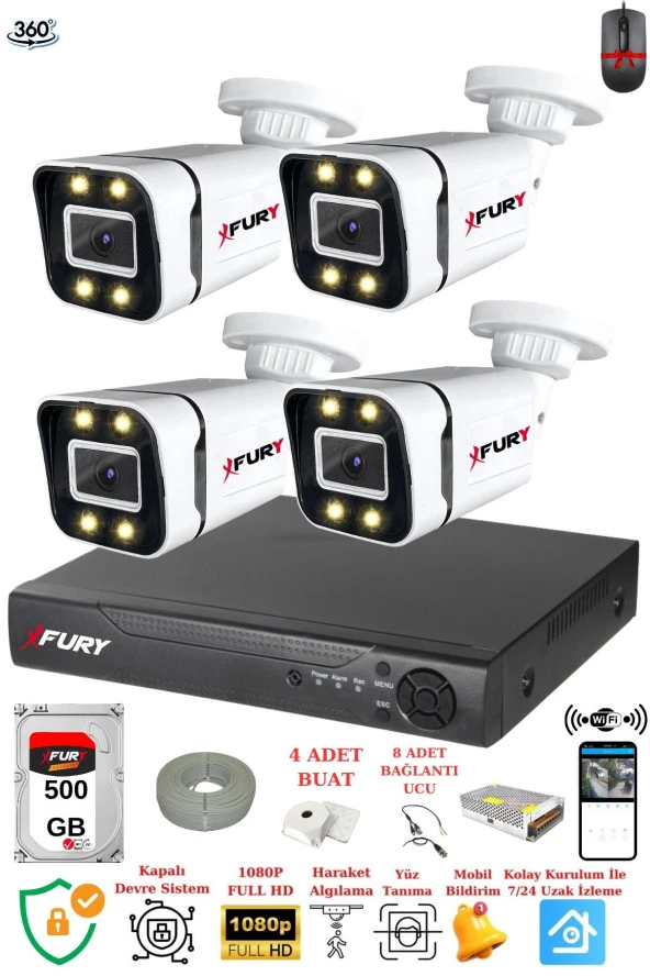 FURY 4 Kameralı Full Hd Gece Renkli - Su Geçirmez Ultra Led Güvenlik Kamerası Seti 500GB ürün görseli 1