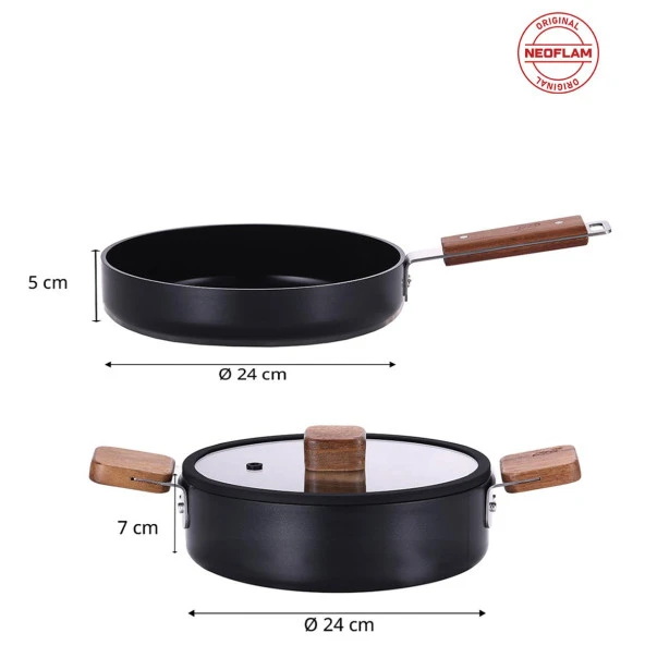 Neoflam Bien Black Indüksiyonlu 24 cm Sığ Tencere 24 cm Tava Seti 3 Parça Akasya Ağacı Saplı ürün görseli 1