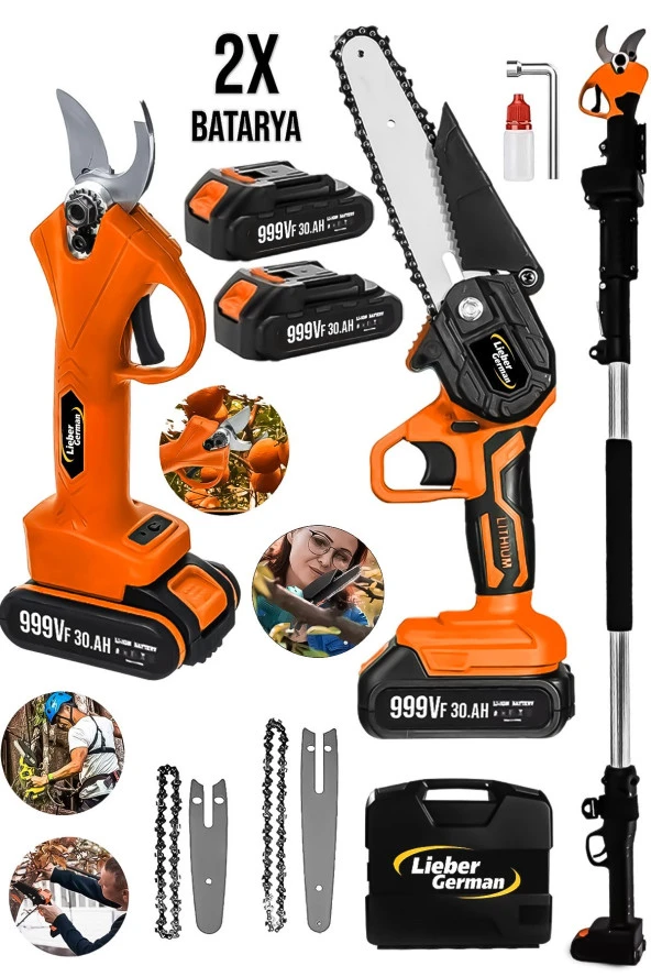 Lieber German 2Li Set 21Volt 3.0Ah 3 Mt Teleskopik Dal Kesme Makası & Budama Bıçkı Testere Makinesi ürün görseli 1