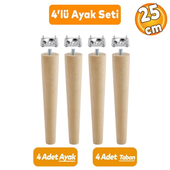 Ahşap Sehpa Masa Puf Tabure Tv Ünitesi Ayağı Ayakları M8 Civatalı 25 cm + Bağlantı Aparatlı 4'lü Set ürün görseli 1