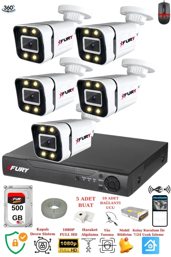 FURY 5 Kameralı Full Hd Gece Renkli - Su Geçirmez Ultra Led Güvenlik Kamerası Seti 500GB ürün görseli 1