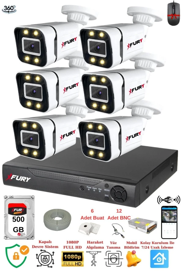FURY 6 Kameralı Full Hd Gece Renkli - Su Geçirmez Ultra Led Güvenlik Kamerası Seti 500GB ürün görseli 1