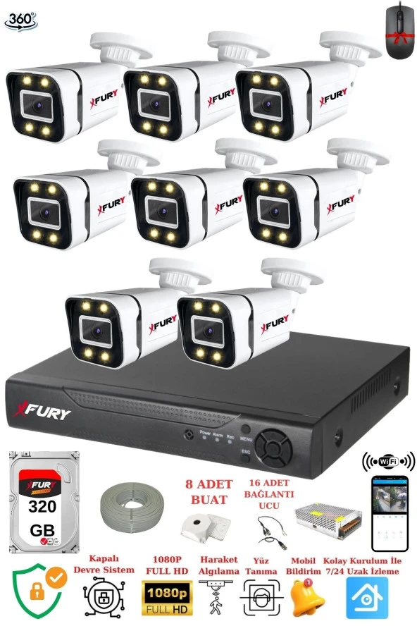 FURY 8 Kameralı Full Hd Gece Renkli - Su Geçirmez Ultra Led Güvenlik Kamerası Seti 320GB ürün görseli 1
