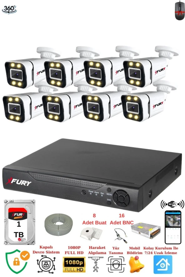 FURY 8 Kameralı Full Hd Gece Renkli - Su Geçirmez Ultra Led Güvenlik Kamerası Seti 1TB ürün görseli 1