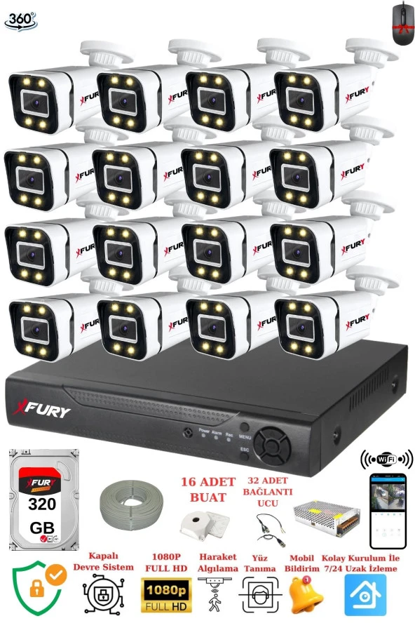 FURY 16 Kameralı Full Hd Gece Renkli - Su Geçirmez Ultra Led Güvenlik Kamerası Seti 320GB ürün görseli 1