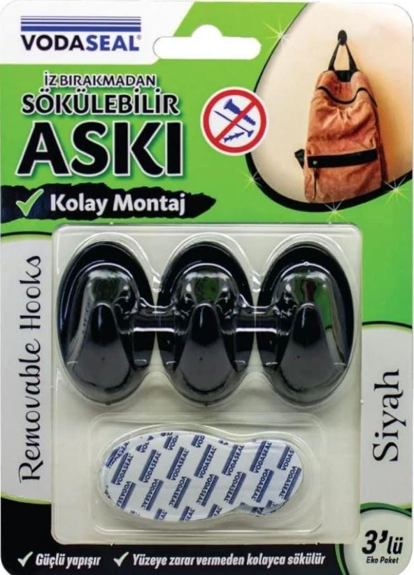 Vodeseal İz Bırakmadan Sökülebilir Siyah Askı 3lü ürün görseli 1