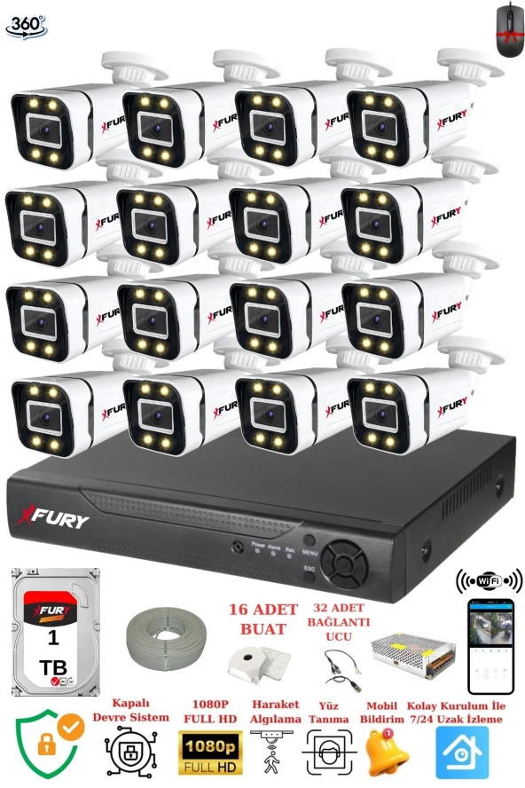 FURY 16 Kameralı Full Hd Gece Renkli - Su Geçirmez Ultra Led Güvenlik Kamerası Seti 1TB ürün görseli 1