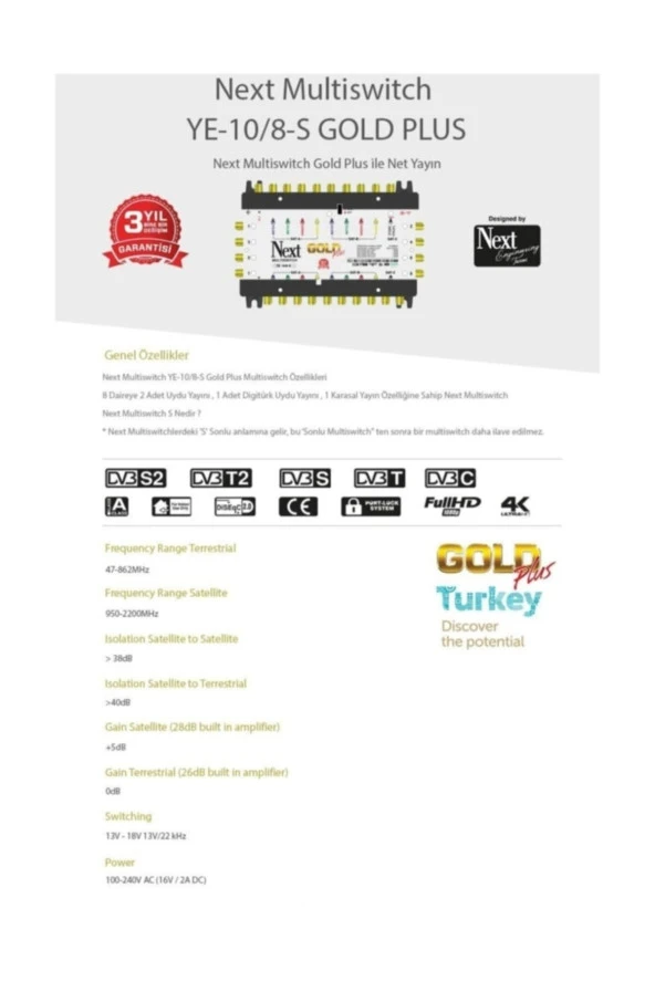 Next YE 10/8 Gold Plus KASKAD Uydu Santrali ürün görseli 1