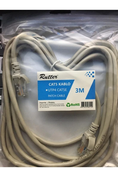 RUTTER CAT 5 KABLO RJ45 SOKETLİ 3 MT - İNTERNET & MODEM KABLOSU 3 METRE ürün görseli 1