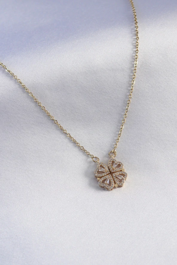 316L Çelik Gold Renk Açılır Zirkon Taşlı Yonca Model Kadın Kolye - EBJ240408W23410 ürün görseli 1