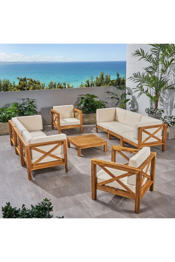 ODUNS Simera 3+3+1+1 Bahçe Balkon Teras Ahşap Oturma Grubu (Krem) ürün görseli 1