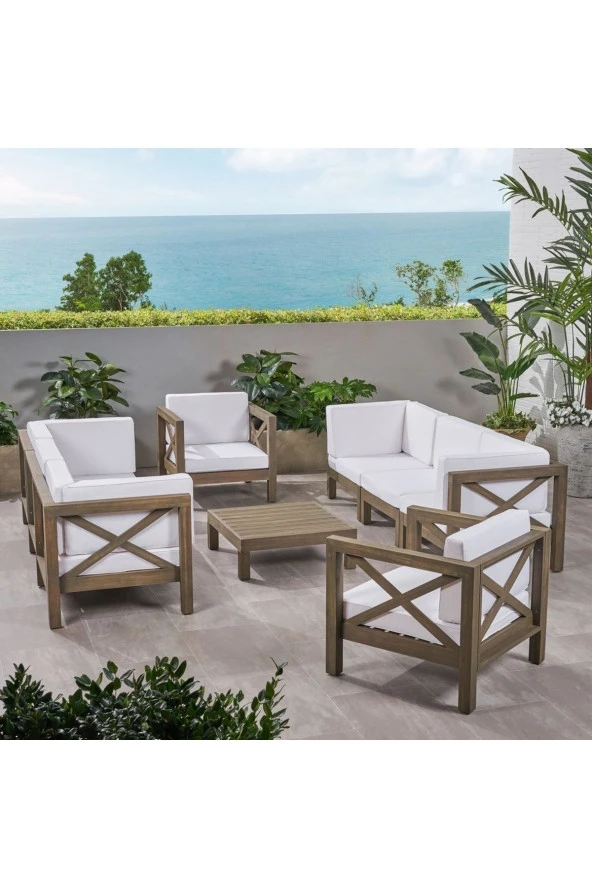 ODUNS Simera 3+3+1+1 Bahçe Balkon Teras Ahşap Oturma Grubu (Beyaz) ürün görseli 1