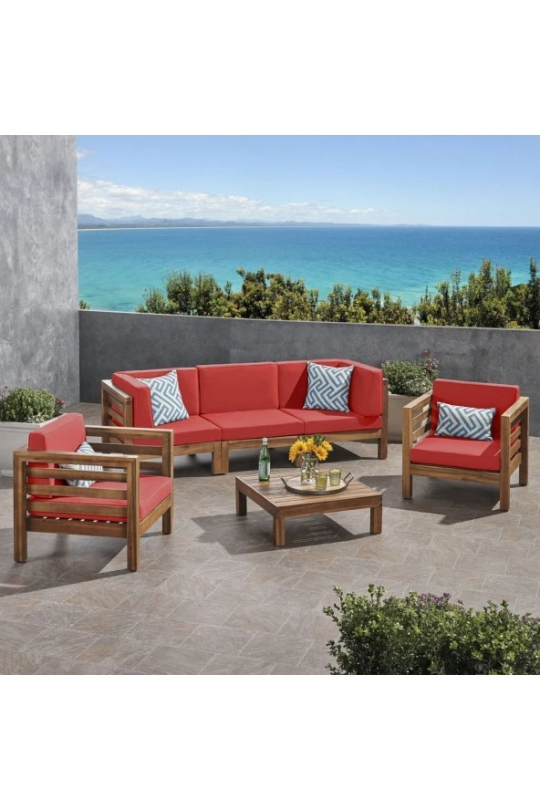 ODUNS Antero 3+1+1 Bahçe Balkon Teras Ahşap Oturma Grubu (Kırmızı) ürün görseli 1