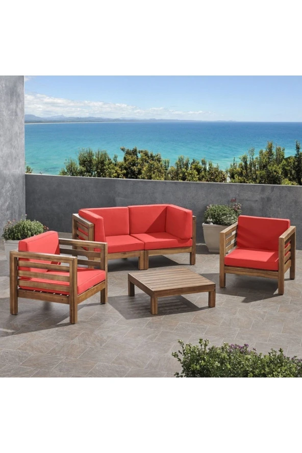 ODUNS Vista 2+1+1 Bahçe Balkon Teras Ahşap Oturma Grubu (Kırmızı) ürün görseli 1