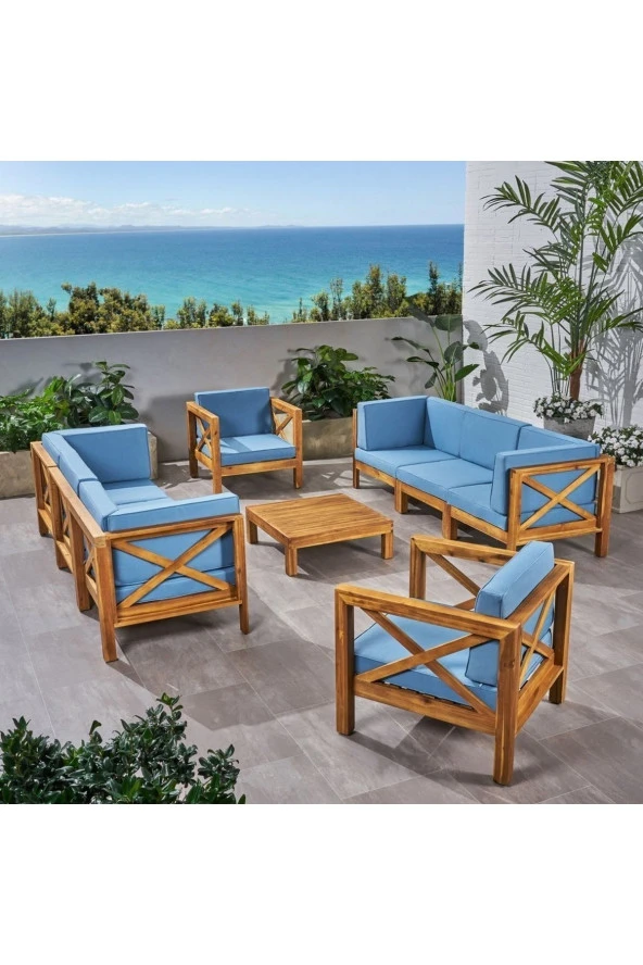 ODUNS Simera 3+3+1+1 Bahçe Balkon Teras Ahşap Oturma Grubu (Mavi) ürün görseli 1
