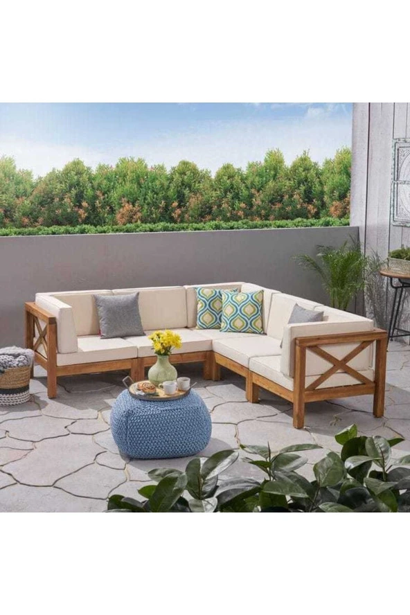 ODUNS Andres Bahçe Balkon Teras Ahşap Köşe Takımı (Krem) ürün görseli 1