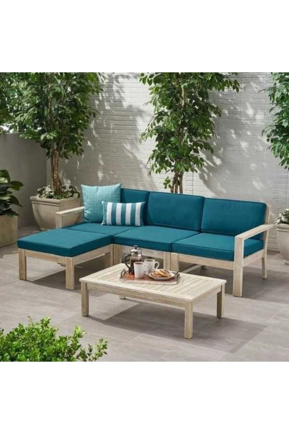 ODUNS Stella Bahçe Balkon Teras Ahşap Köşe Takımı (Turkuaz) ürün görseli 1