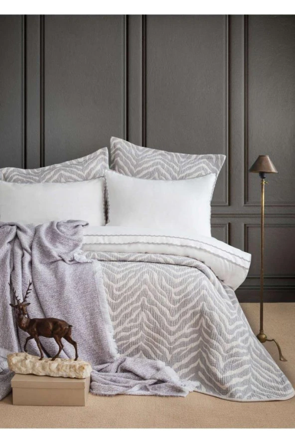 Apricitas Home Timeless Prime Set Londa Gri Çift Kişilik Battaniyeli Ve Yatak Örtülü %100 Pamuk N.takm ürün görseli 1